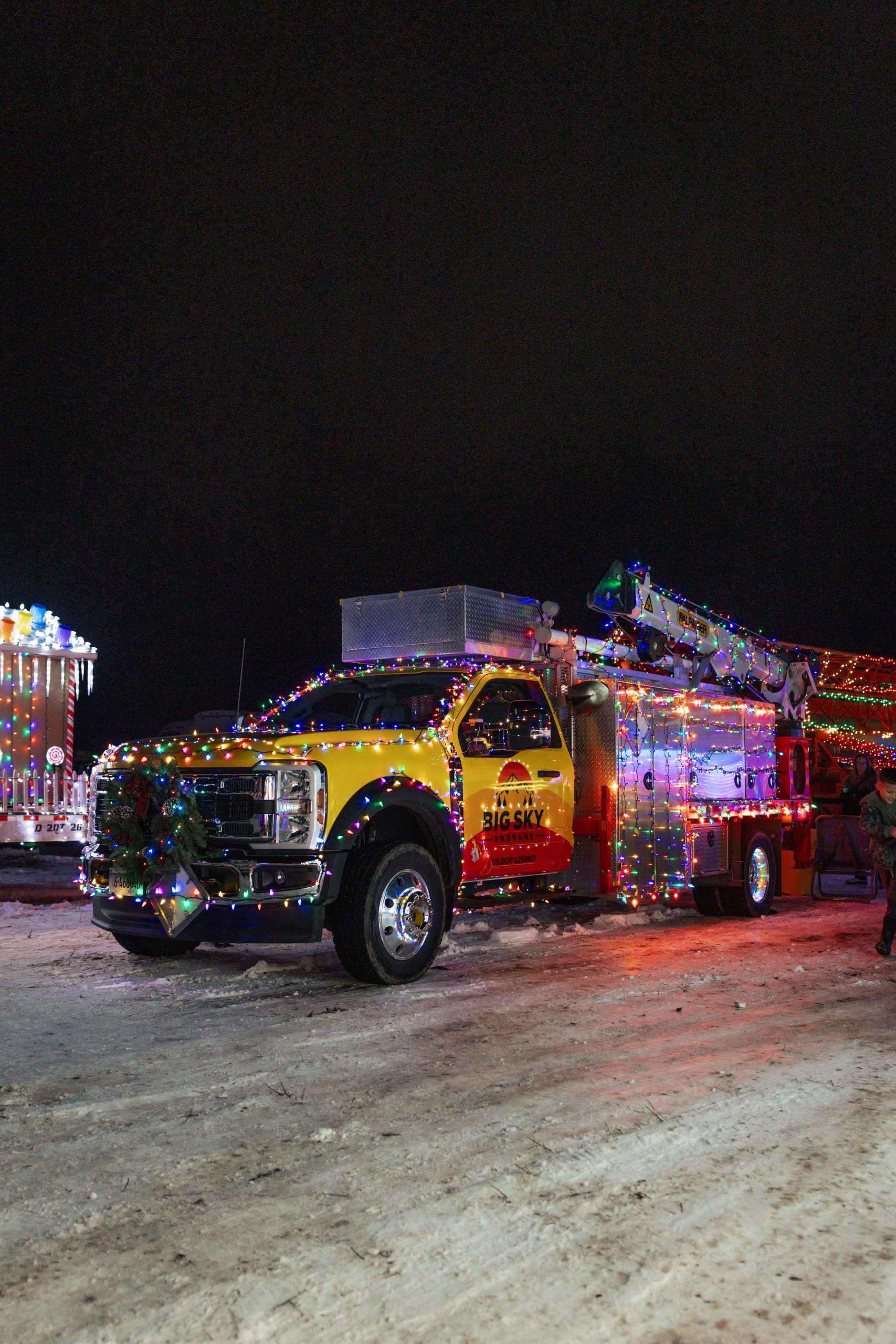 Decorated repair truck at Christmas
